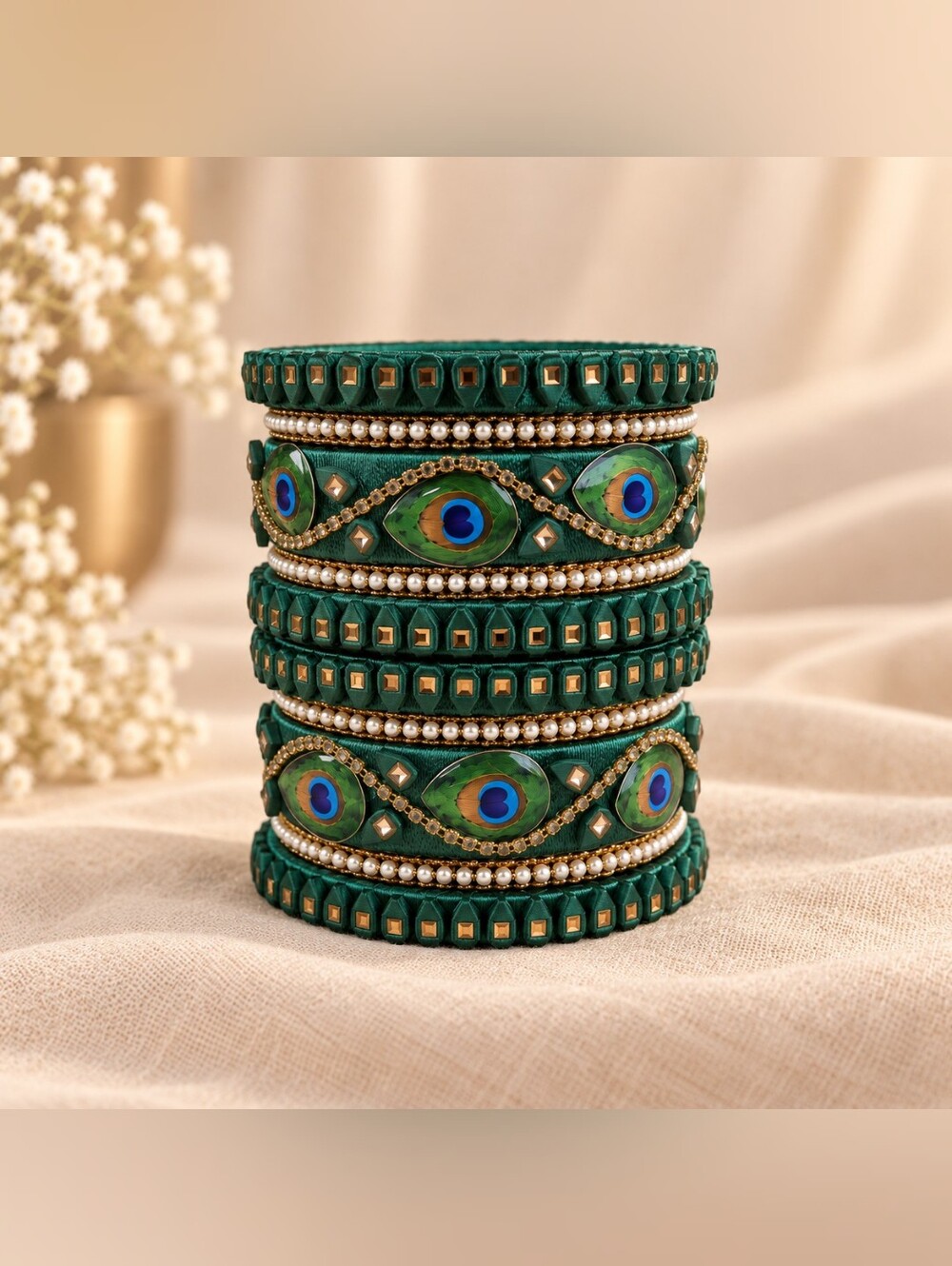 Green Peacock Feather Thread Bangle Set with Rhinestones Size 2.6
